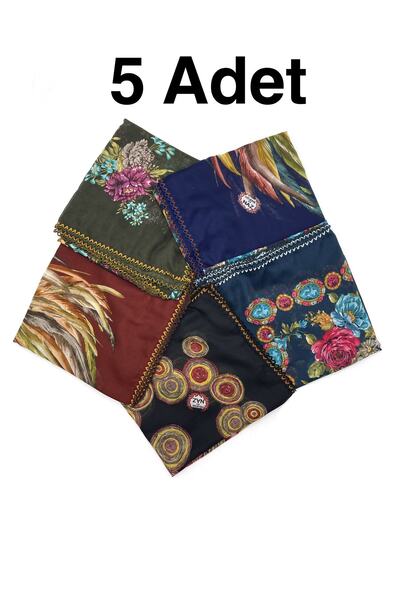 nazipek Kenarları Oyalı 5'li Set %100 Pamuklu Yazma 100X100cm Eşarp Toptan Da...