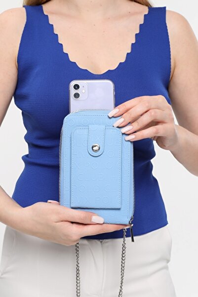 HMXPOLO Bebe Mavisi Renk Telefon Bölmeli Şık Zincirli Çanta