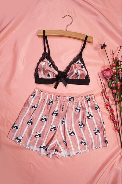 MEBA Salmon Panda Lace Saténové šortky Pyžamový set Satin Crop Set