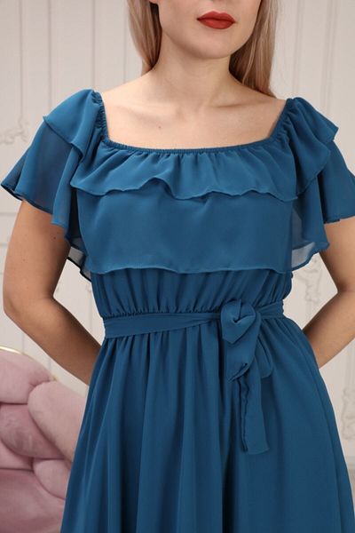 Azra Style Γυναικείο φόρεμα σιφόν με γιακά Carmen Petrol Blue