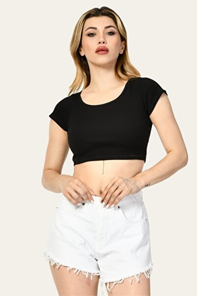 Noori Crop Top pentru damă cu camisole cu gât rotund din Lycra - negru