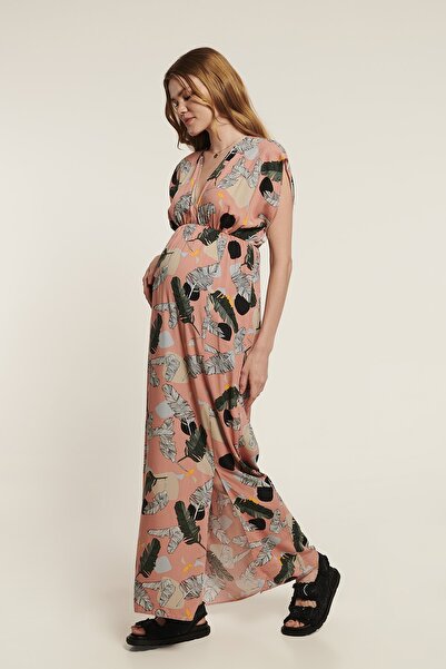 LYN MAMA JACOP Kruvaze Yaka Emzirme Özellikli Desenli Yırtmaçlı Pembe Hamile Elbise