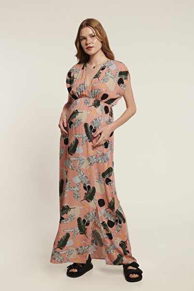 LYN MAMA JACOP Kruvaze Yaka Emzirme Özellikli Desenli Yırtmaçlı Pembe Hamile Elbise