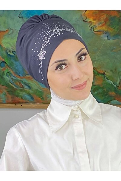 BUTİKAMBAR Çiçek Model Gümüş Antrasit Taşlı Bone