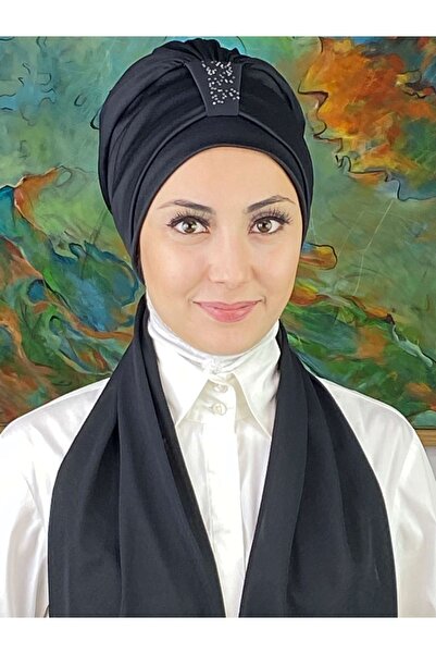 BUTİKAMBAR Hürrem Model Tek Biritli Atkılı Taşlı Siyah Bone
