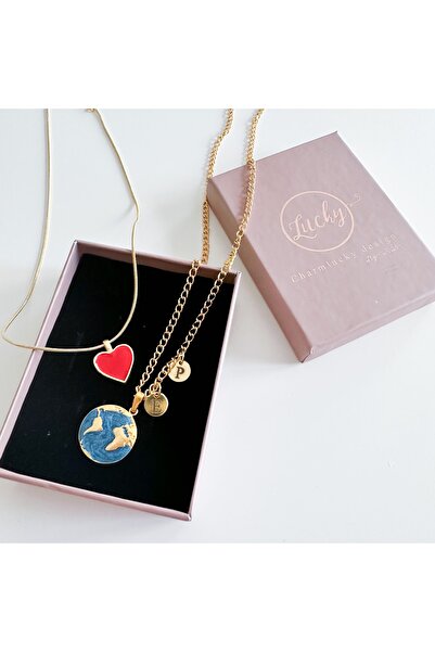 CHARMLUCKY Kırmızı Kalp-dünya Harfli Kolye
