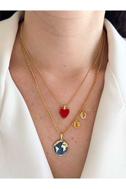 CHARMLUCKY Kırmızı Kalp-dünya Harfli Kolye