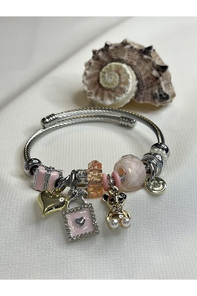 Maris by Deniz Model steel bracelet with Teddy Bear and heart charm