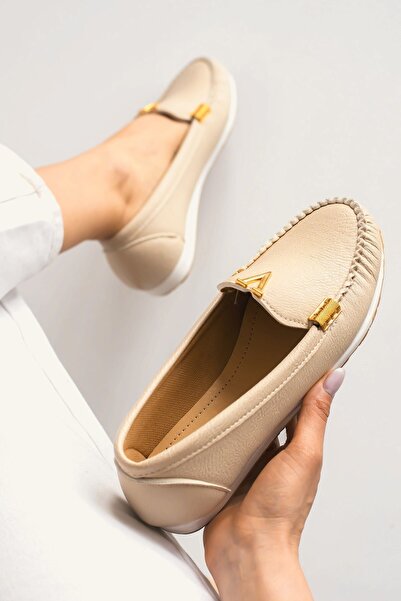 Allyup Günlük Kadın Bej Babet Suni Deri Kaymaz Taban Yürüyüş Rahat Hafif Esne...