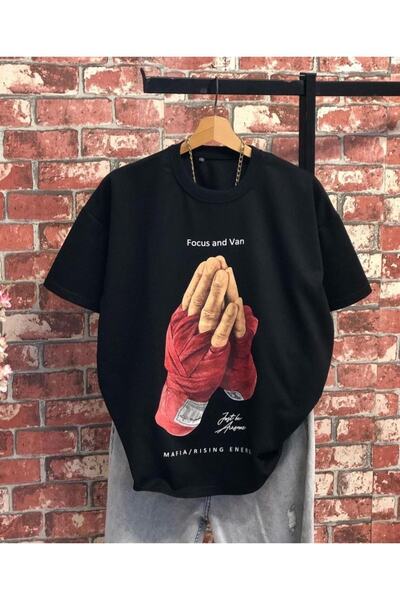 Rd Tricou oversize unisex negru Focus And Van imprimat Radjeanss