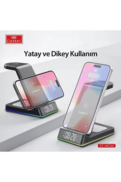 Fogy Katlanabilir 5in1 15W Dijital Saatli RGB Işıklı Magsafe Masaüstü Kablosuz Şarj Standı - Siyah