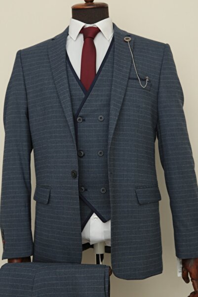 Querinca Kruvaze Yelekli Çizgili Takım Elbise(kravat Ve Yaka Süsü Hediye)