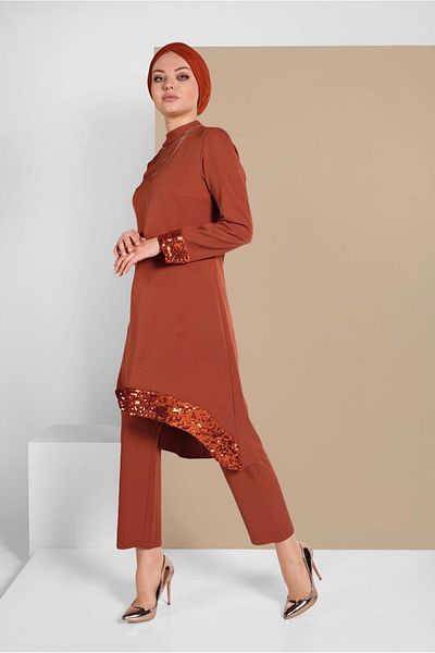 TRENDTESETTÜR Brown Women's Trousers Set - Sequin Detailed, Set of 2 9255