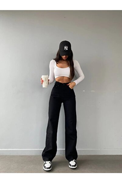 MAKRAS EXCLUSIVE Pantaloni palazzo cu blugi largi din lycra cu talie înaltă L...