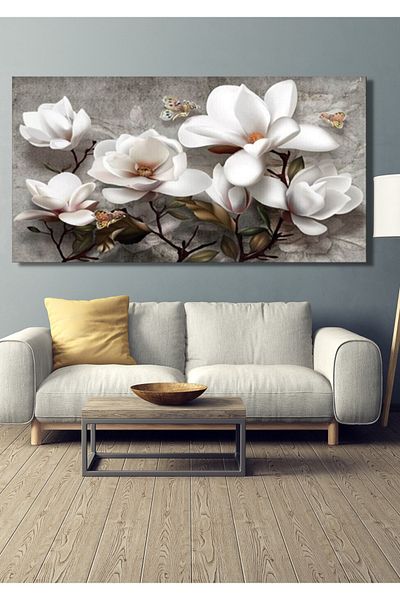 NT Handmade Pictură pe pânză cu flori albe moderne 40x30cm - Decor de perete pentru living dormitor birou intrare