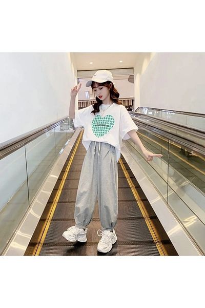 Keywest Green Heart Printed Summer Oversize Combed Cotton Girl's T-Shirt Tracksuit Set