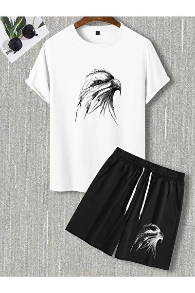 Keywest Plus Size Eagle Top Bottom Printed Summer Oversize Combed Cotton T-Shirt Shorts Set