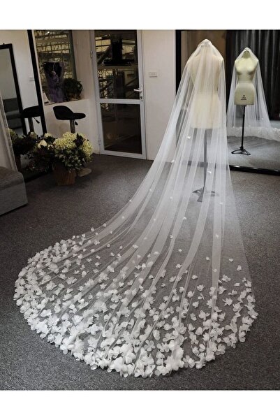 JetDukkan حجاب زهري أوف وايت حجاب زهري ثلاثي الأبعاد 300 سم حجاب طويل مع مشط حجاب كاتدرائية