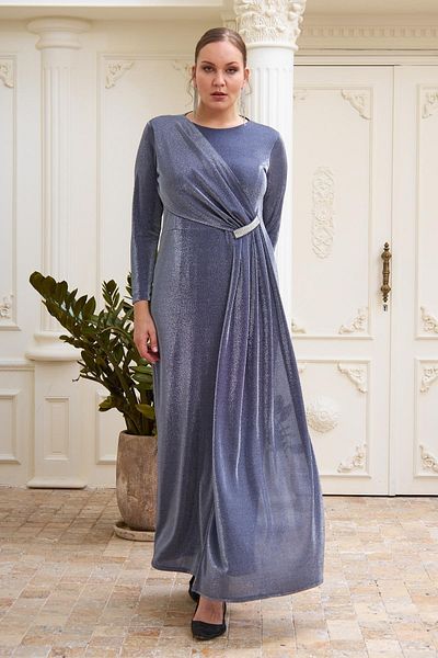 RMG Plus Size Silver Long Evening Dress with Front Accessories