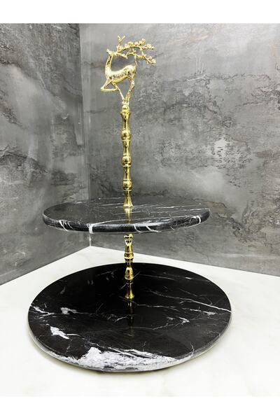 Modestmar Natural Black Marble 2 Layer Cake Holder Presentation, Layered Serving Gold Deer Object