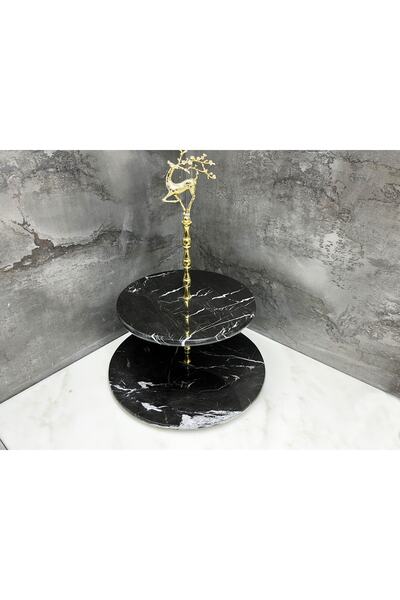 Modestmar Natural Black Marble 2 Layer Cake Holder Presentation, Layered Serving Gold Deer Object