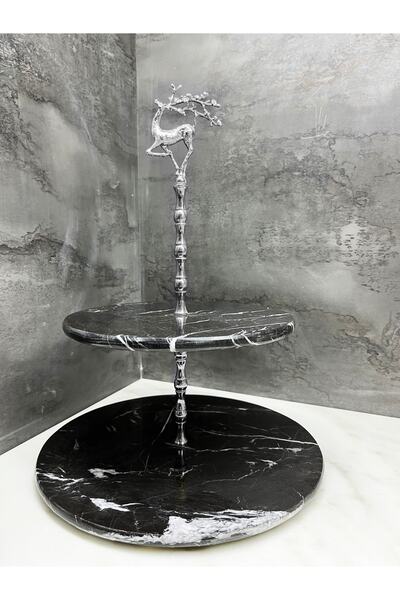 Modestmar Natural Black Marble 2-Piece Cake Holder Presentation, Layered Serve Silver Deer Object