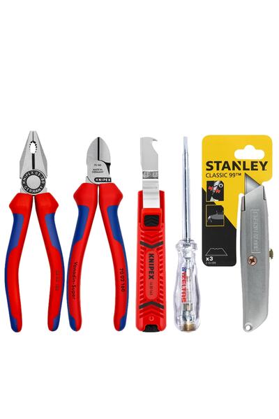 Knipex 5 Parça Profesyonel Usta Seti 180 Mm Pense 160 Mm Yan Keski, Kablo Sıyırma Made In Germany