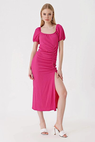 hazelin Kadın Fuşya Yırtmaçlı Yazlık Örme Elbise HZL23S-BD123961