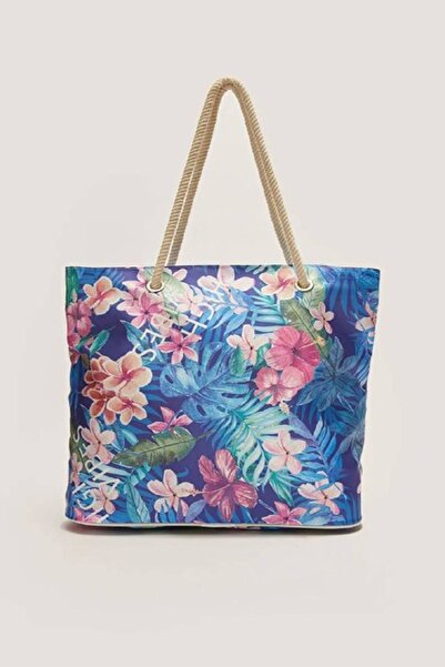 chantacim Lcw Navy Blue Floral Patterned Beach Bag