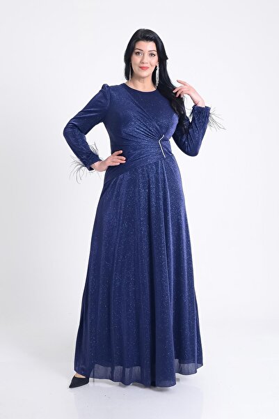 SpringStore Lacivert Kol Ucu Otrişli Simli Büyük Beden Abiye Elbise