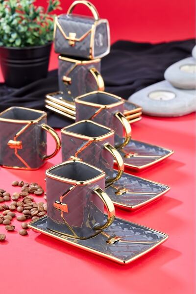 Cooker 6'lı Çanta Desenli 90 ml Porselen Kahve Fincan Seti | Altın Yaldızlı Şık Kutulu Hediyelik