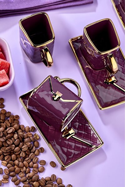 Cooker Set of 6 Bag Patterned 90 ml Porcelain Coffee Cups | Gold Gilded Stylish Boxed Gift