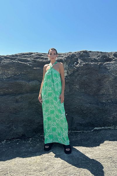Seda Yalçın Atelier Green Cross Collar Loose Midi Dress