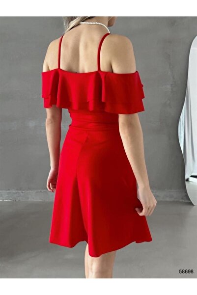 Mekafashion Azra Ruffle Collar Flared Dress 58698 Red