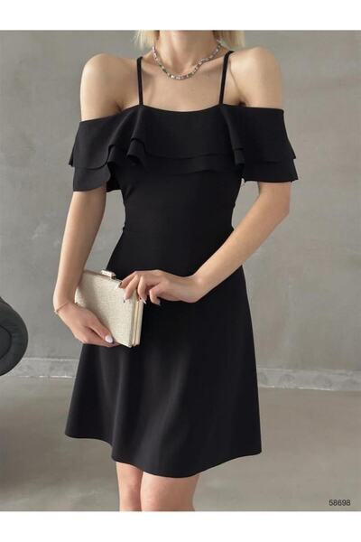Mekafashion Azra Ruffle Collar Flared Dress 58698 BLACK