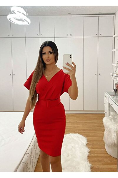 rengafashion فستان نسائي بحزام من القماش باللون الأحمر