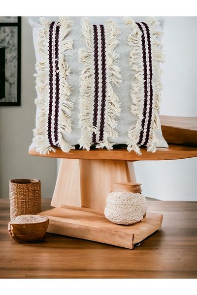 NDC HOME 3 Tassels and Patterned Linen Cream Throw Pillow Cushion Cover