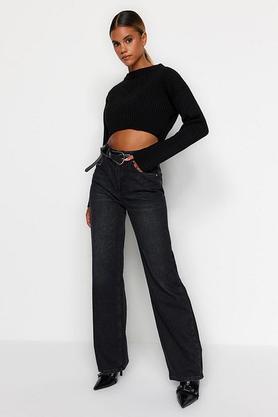 Trendyol Collection Schwarze Jeans mit hoher Taille und weitem Bein TWOAW24JE00073