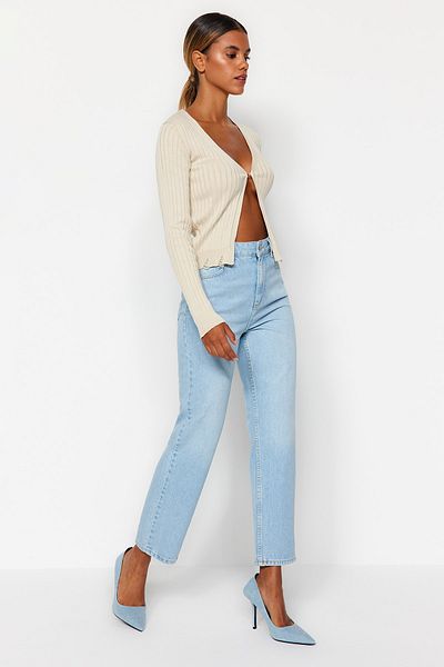 Trendyol Collection Blugi drepți cu talie înaltă albastru deschis TWOAW24JE00082