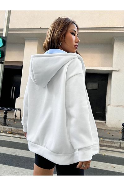 Keywest Unisex White Color Zippered Baby Blue Brooklyn Printed 3 Thread Fleece Cardigan / Jacket