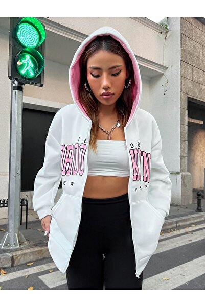 Keywest Ζακέτα / μπουφάν Unisex Λευκό Χρώμα Ροζ Μπρούκλιν με 3 κλωστές Fleece