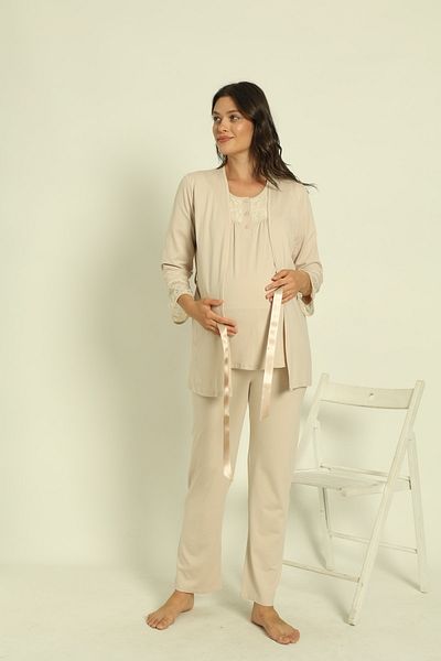 Miss Dünya Lissa Beige Short Sleeve Maternity and Pregnant Pajamas Set with Dressing Gown