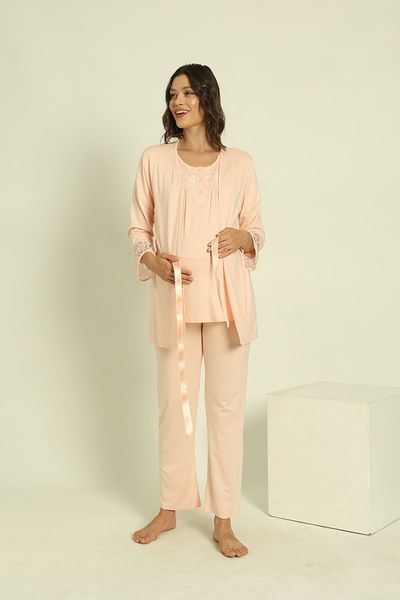Miss Dünya Lissa Salmon Short Sleeve Maternity and Pregnant Pajamas Set with Dressing Gown