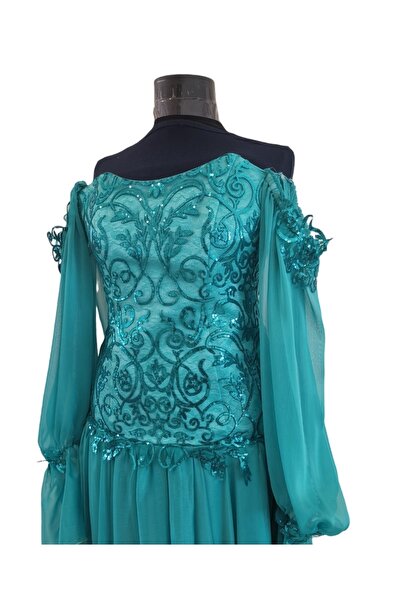 gönül moda Su Yeşili Dantel Büstiyerli Şifon Elbise
