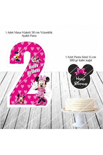SİYAH PARTİ EVİ Minnie Mouse Pembe 2 Yaş Doğum Günü Masa Maketi / Pasta Süsü
