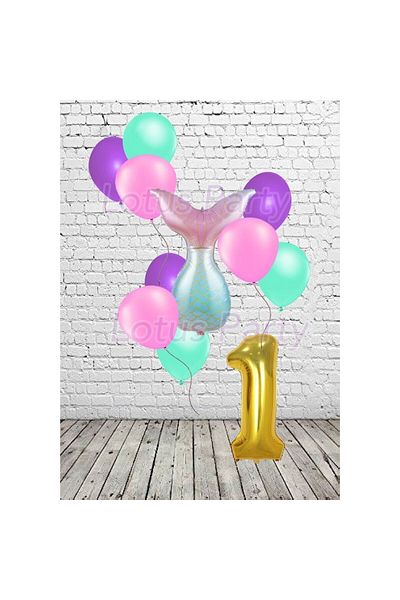 LOTUS PARTY Σετ πάρτι με θέμα γοργόνα 1 έτους Mermaid Tail Foil Balloon Figure Foil Balloon 12 τμχ Μπαλόνια