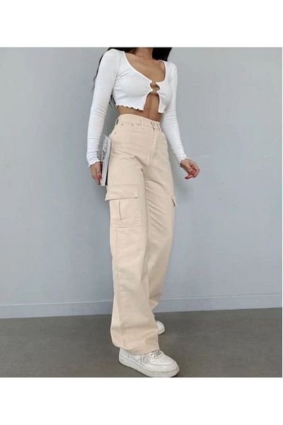 Lalove Beige Palazzo Women's Trousers - Cargo Pocket