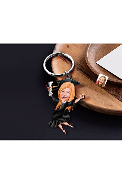 Bk Gift Kişiye Özel Mezun Karikatürlü Ahşap Anahtarlık-2 Sevgiliye Hediye, Ar...
