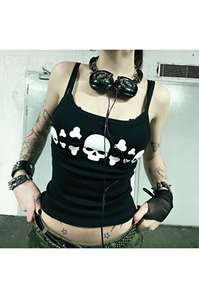 Köstebek Gothic Punk Kurukafa Bsskılı Askılı Crop Tişört