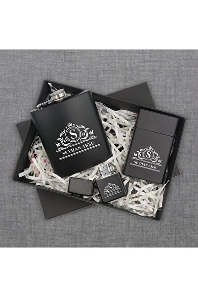 Bk Gift Kişiye Özel İsimli Siyah Çelik İçki Matarası Sigara Kutusu ve Benzinl...